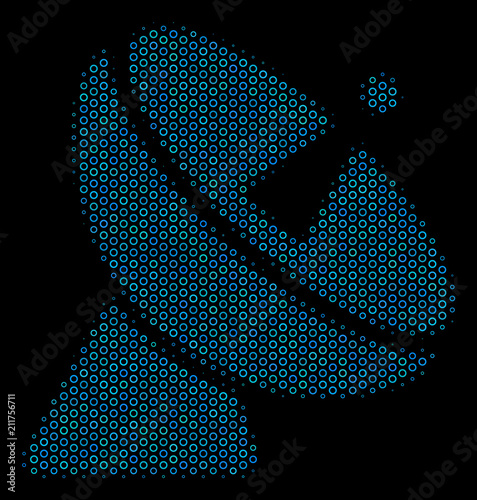 Halftone Radio telescope composition icon of circle elements in blue color hues on a black background. Vector spheric points are combined into radio telescope composition.