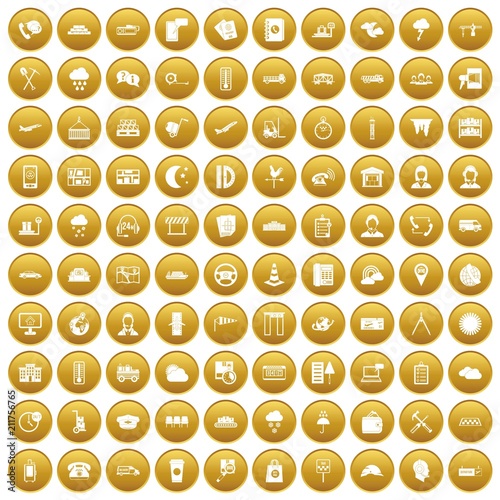 100 dispatcher icons set in gold circle isolated on white vectr illustration