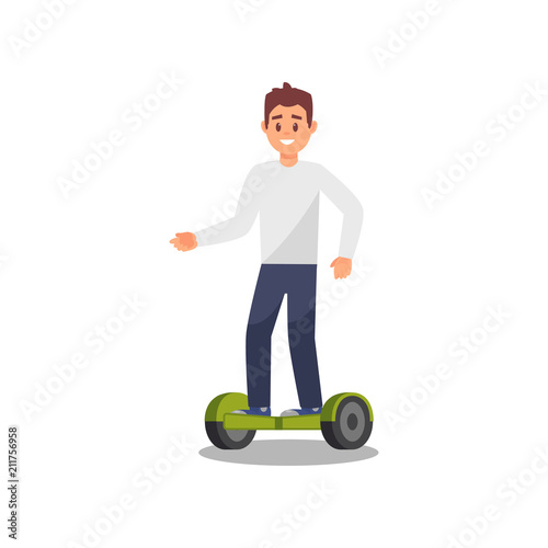 Young man riding gyroscope, healthy and active lifestyle, eco friendly alternative transportation vehicle vector Illustration on a white background