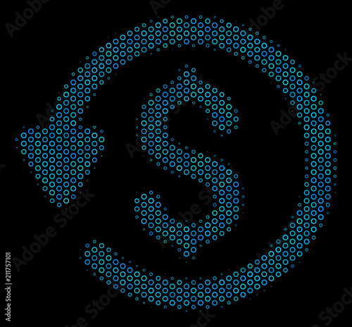 Halftone Refund composition icon of spheres in blue shades on a black background. Vector bubble spheres are combined into refund composition.