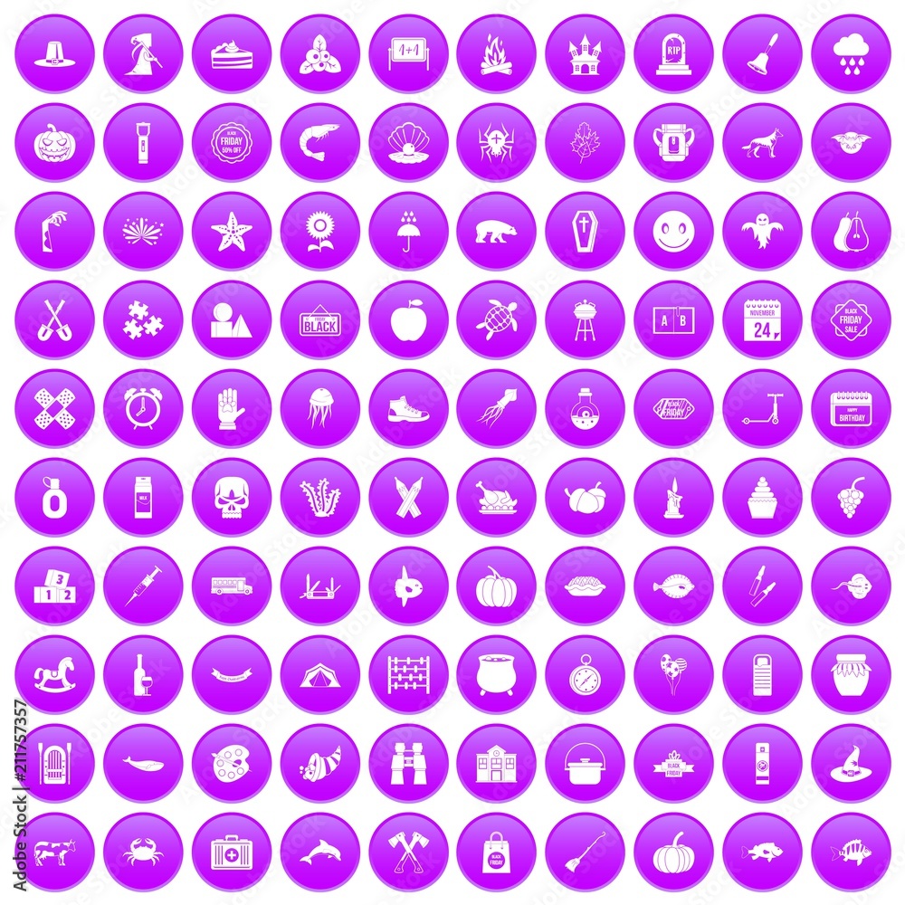 100 autumn holidays icons set in purple circle isolated on white vector illustration 100 autumn holidays icons set in purple circle isolated on white vector illustration