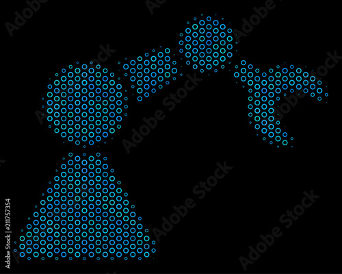 Halftone Robotics manipulator composition icon of circle bubbles in blue color tinges on a black background. Vector circle items are combined into robotics manipulator composition.