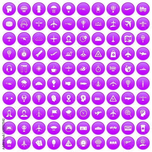 100 aviation icons set in purple circle isolated on white vector illustration