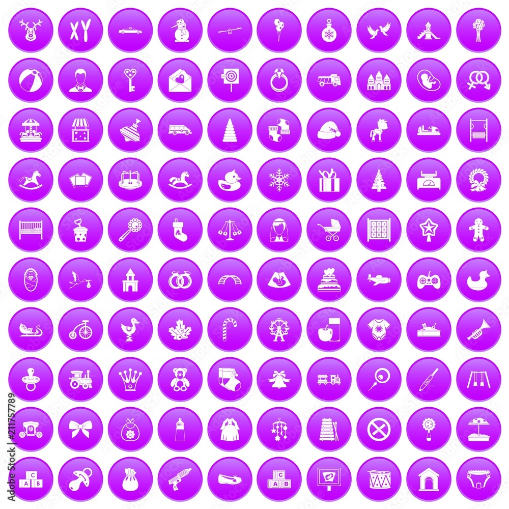 100 baby icons set in purple circle isolated on white vector illustration 100 baby icons set in purple circle isolated on white vector illustration