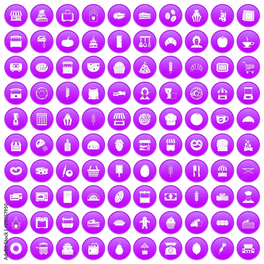 100 bakery icons set in purple circle isolated on white vector illustration 100 bakery icons set in purple circle isolated on white vector illustration