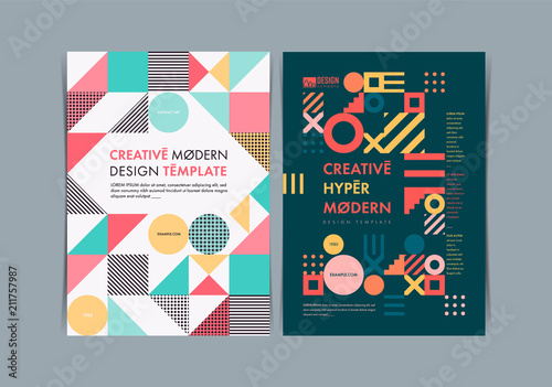 Set of Flyer templates with geometric shapes and patterns, 80s memphis geometric style. Vector illustrations.