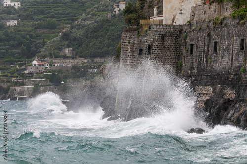 High waves crash violently on the coast  Minori  Costiera Amalfitana  Campania  Italy