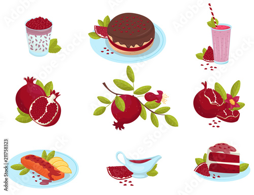Ripe pomegranate, fresh fruit food desserts and sauces set, delicious garnet dishes vector Illustrations on a white background