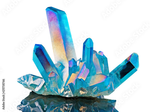 Amazing colorful Quartz Rainbow Flame Blue Aqua Aura crystal cluster closeup macro isolated on white background