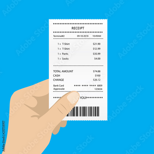 Hand holding white blank receipt