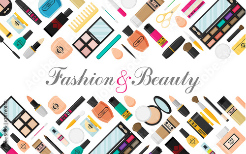 Vector flat style makeup and skincare background with place for text illustration