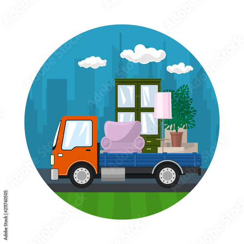 Icon with Small Truck on the Road against the Background of the City, Lorry is Transporting Furniture , Transport Services and Logistics, Shipping and Freight of Goods, Vector Illustration