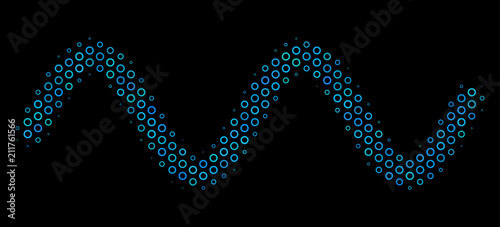 Halftone Sinusoid wave collage icon of circle elements in blue shades on a black background. Vector bubble spheres are grouped into sinusoid wave collage.