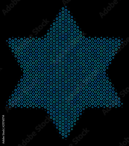 Halftone Six pointed star mosaic icon of spheric bubbles in blue color tones on a black background. Vector circle bubbles are organized into six pointed star composition.