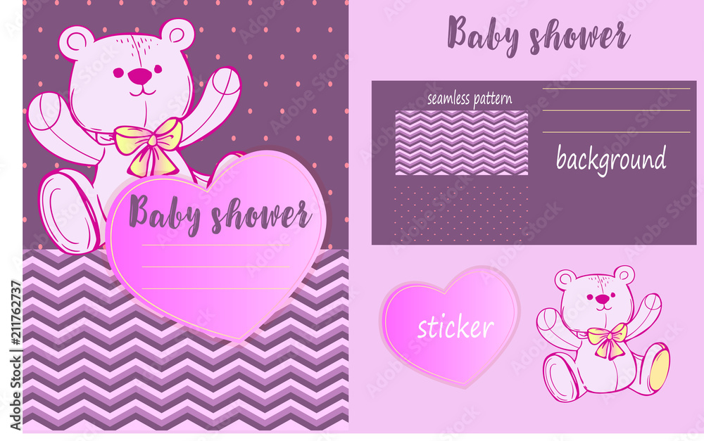 A ready-made mock-up of the children's metrics. Vector mock-up designer is an idea for a child's invitation. Cute pink toy teddy bear on a pink gradient background. Cute baby shower 