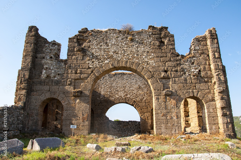Old ruins around of Aspendos antique city in Antalya, Turkey