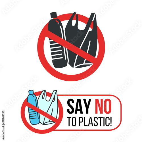 Say no to Plastic sign with Plastic water bottle and plastic bag in red stop circle vector design