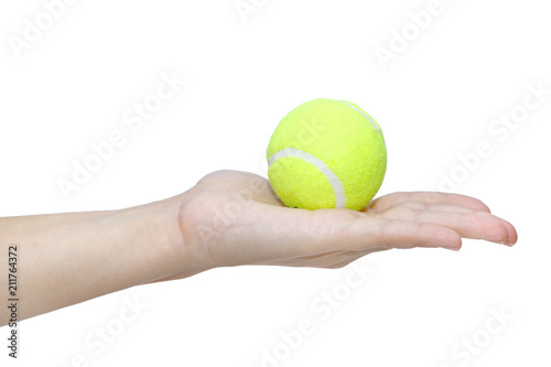  hand close-up on a white background with a tennis ball