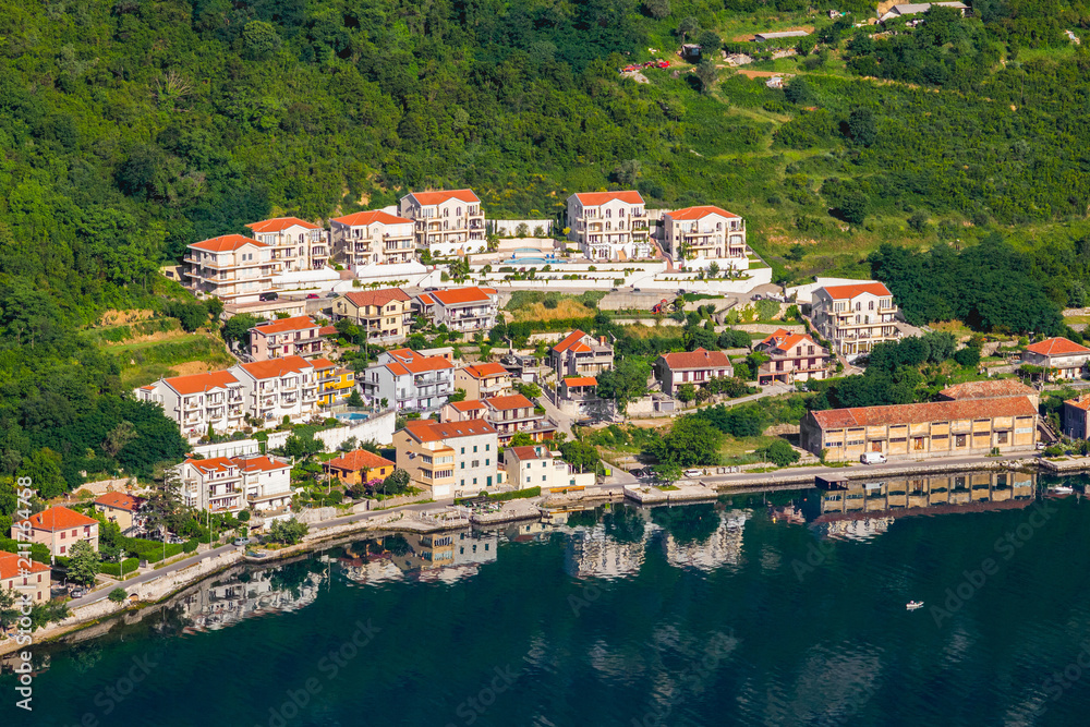 View from above on the european city with orange tiling roofs at boka-kotor bay in Adriatic sea , Montenegro