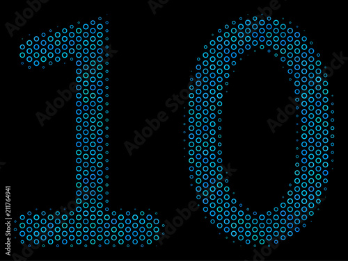 Halftone Ten digits text collage icon of spheric bubbles in blue color tones on a black background. Vector spheric parts are organized into ten digits text collage.