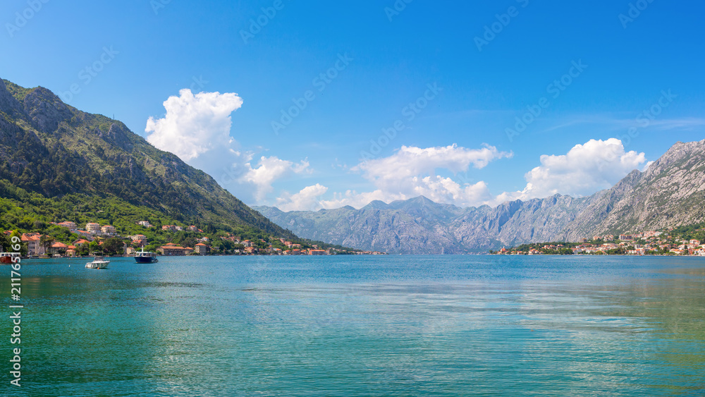 Adriatic sea coastline, boka-kotor bay near the city Kotor, Mediterranean summer seascape, nature landscape, vacations in the summer paradise, panoramic view