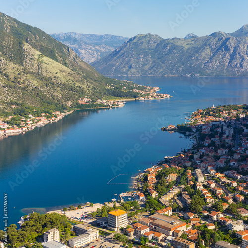 View from above on the old city Kotor, boka-kotor bay in Adriatic sea and mountains, Montenegro. sunrise, gorgeous nature landscape