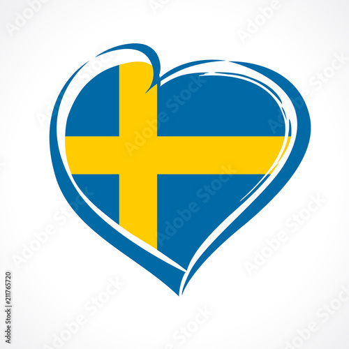 Love Sweden emblem with heart in national flag color. National holiday in Sweden 1 January vector greetings card. Celebration Swedish anniversary of Joined the European Union in 1995
