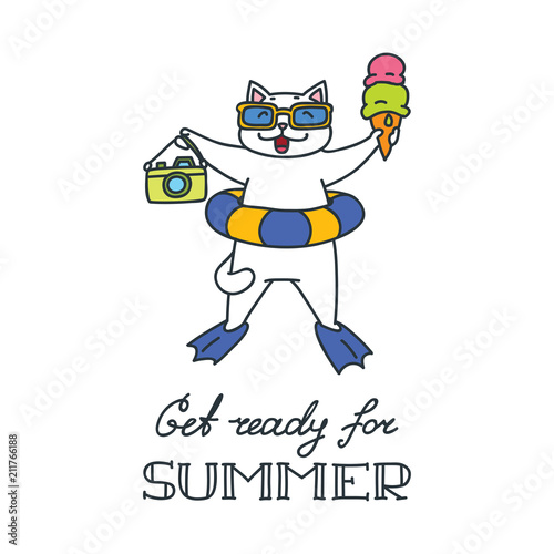 Get ready for summer. Doodle vector illustration of happy white cat holding an ice cream and a photo camera