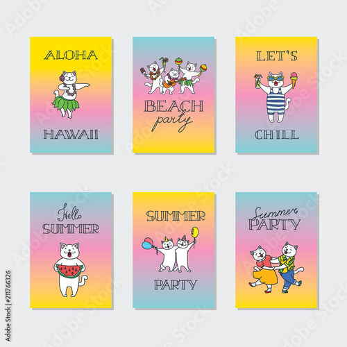 Set of summer cards with cute cats on vibrant backgrounds. Can be used as party flyers, banners, posters, invitations, brochures and more. Vector template illustration EPS 8.