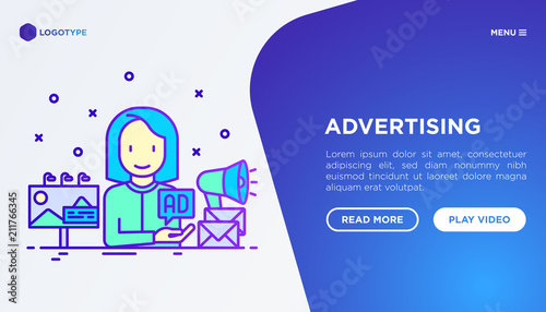 Advertising concept: woman gives ad on billboard, email and social media. Thin line icons. Vector illustration, web page template.