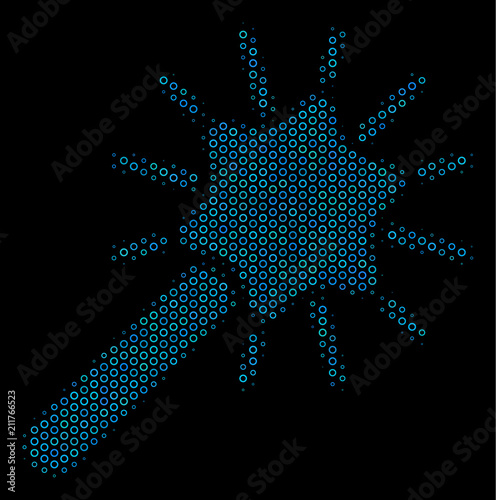 Halftone Wand magic tool mosaic icon of circle elements in blue shades on a black background. Vector round donuts are organized into wand magic tool mosaic.