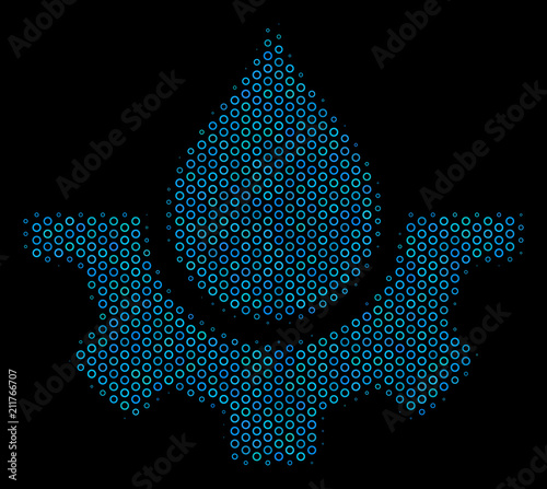 Halftone Water service composition icon of circle bubbles in blue color tinges on a black background. Vector circle bubbles are organized into water service composition.