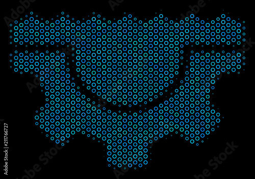 Halftone Water service gear collage icon of empty circles in blue color tinges on a black background. Vector empty circles are grouped into water service gear collage.