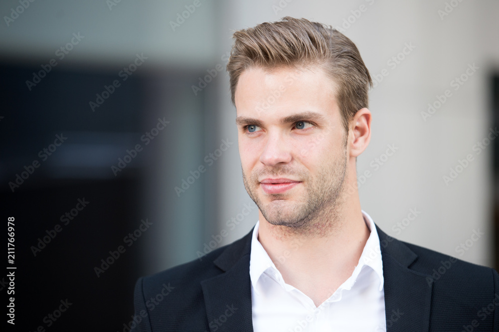 Neat hairstyle for classy look. Unshaven man with stylish hair isolated on  white. Trendy short haircut. Hair salon. Barbershop. Classic cut for  business professional Stock Photo - Alamy