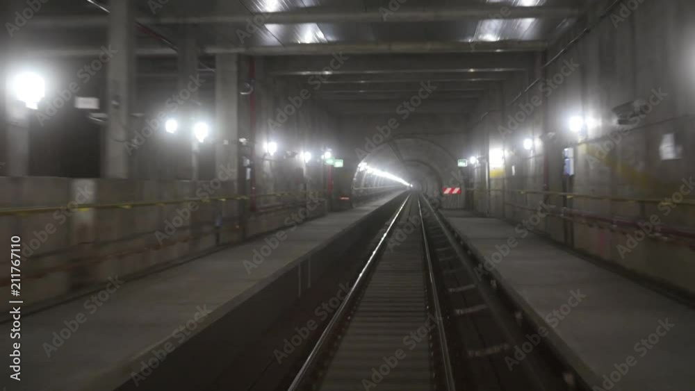 Milano subway metro train rails from cabin view Milano subway metro train rails from cabin view