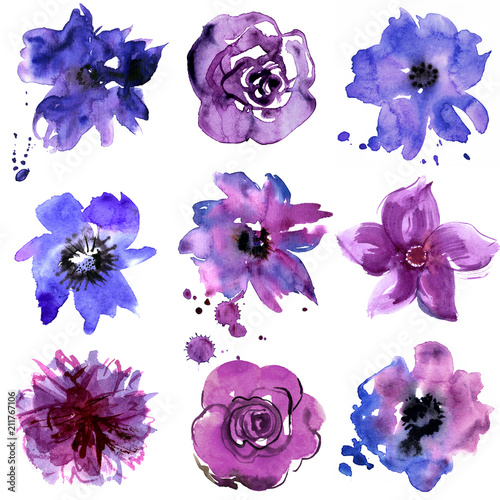 Fototapeta Naklejka Na Ścianę i Meble -  Set of watercolor hand painted purple flowers. Elements for design