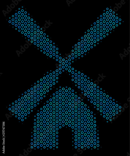 Halftone Wind mill collage icon of spheres in blue color tinges on a black background. Vector empty circles are united into wind mill collage.