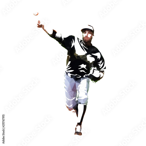 Baseball pitcher throwing ball, isolated low poly vector illustration. Baseball player front view