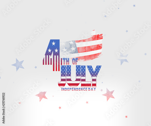 Happy 4th of July in red and blue letters with American flag and stars text.