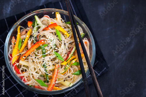 Delicious asian rice glass noodles with vegetables (wok)