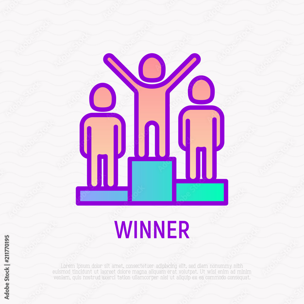 Winner with raised hands among rivals, thin line icon of success. Modern vector illustration.