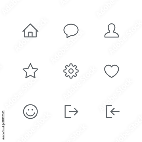 Basic outline icon set - home, chat, person, star, gear wheel, heart, smile face, login and logout symbols. Internet, website and social network vector signs.