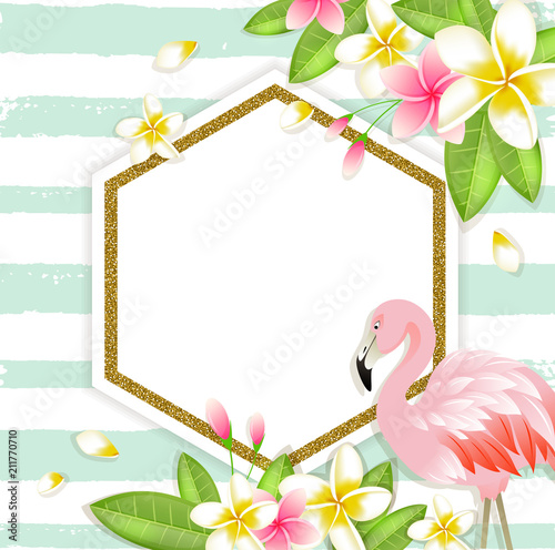 Floral tropical banner with flamingo