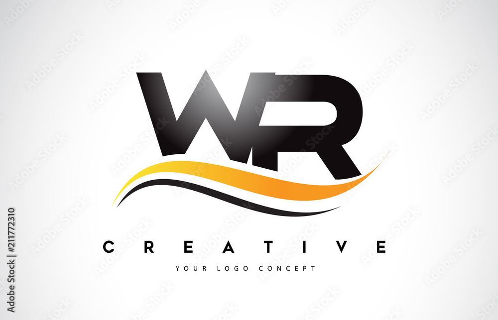 WR W R Swoosh Letter Logo Design with Modern Yellow Swoosh Curved Lines ...