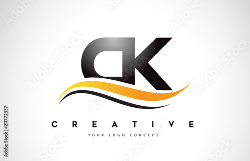 CK C K Swoosh Letter Logo Design with Modern Yellow Swoosh Curved Lines.