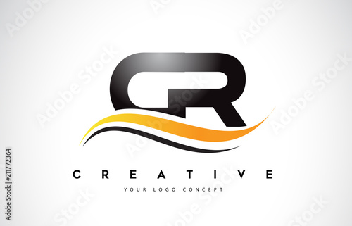 CR C R Swoosh Letter Logo Design with Modern Yellow Swoosh Curved Lines.