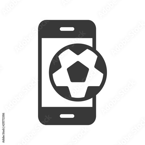 Football on cellphone screen, Soccer application related solid icon