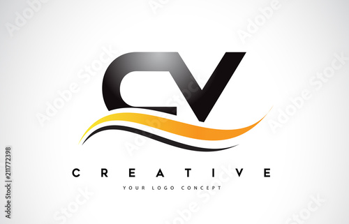 CV C V Swoosh Letter Logo Design with Modern Yellow Swoosh Curved Lines.