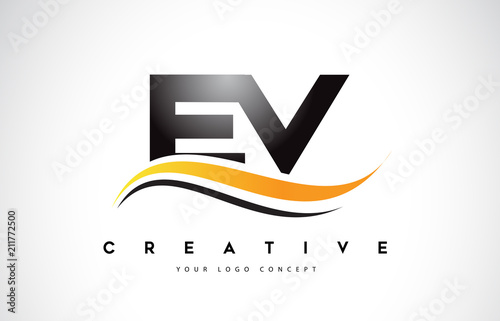 EV E V Swoosh Letter Logo Design with Modern Yellow Swoosh Curved Lines.