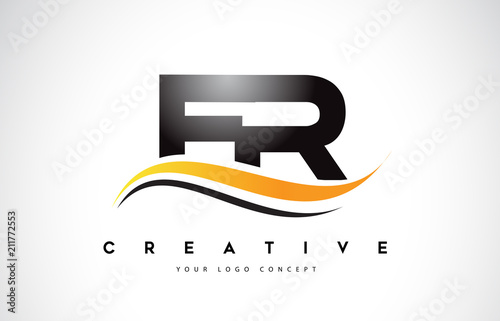 FR F R Swoosh Letter Logo Design with Modern Yellow Swoosh Curved Lines.